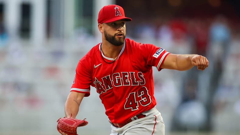 Aug 1, 2023; Atlanta, Georgia, USA; Los Angeles Angels starting pitcher Patrick Sandoval (43) throws against the Atlanta Braves in the second inning at Truist Park. Mandatory Credit: Brett Davis-USA TODAY Sports