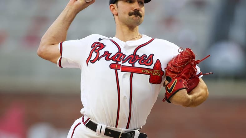 Aug 1, 2023; Atlanta, Georgia, USA; Atlanta Braves starting pitcher Spencer Strider (99) throws against the Los Angeles Angels in the second inning at Truist Park. Mandatory Credit: Brett Davis-USA TODAY Sports