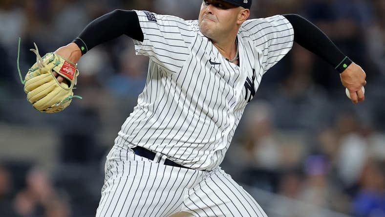 Aug 1, 2023; Bronx, New York, USA; New York Yankees relief pitcher Nick Ramirez (63) pitches against the Tampa Bay Rays during the ninth inning at Yankee Stadium. Mandatory Credit: Brad Penner-USA TODAY Sports