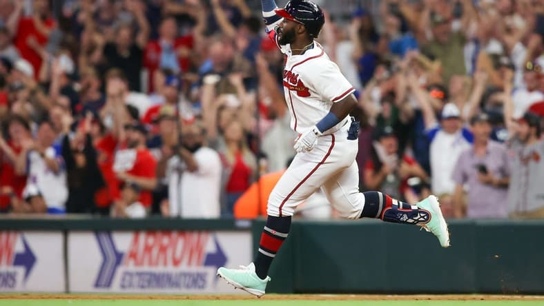 Aug 1, 2023; Atlanta, Georgia, USA; Atlanta Braves center fielder Michael Harris II (23) celebrates after a home run against the Los Angeles Angels in the seventh inning at Truist Park. Mandatory Credit: Brett Davis-USA TODAY Sports