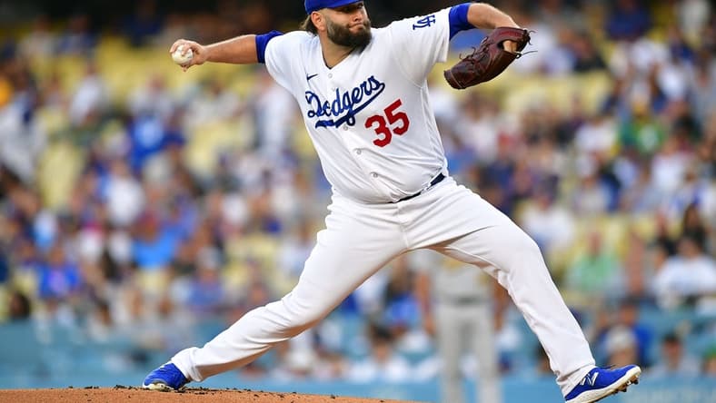 August 1, 2023; Los Angeles, California, USA; Los Angeles Dodgers starting pitcher Lance Lynn (35) throws against the Oakland Athletics during the first inning at Dodger Stadium. Mandatory Credit: Gary A. Vasquez-USA TODAY Sports