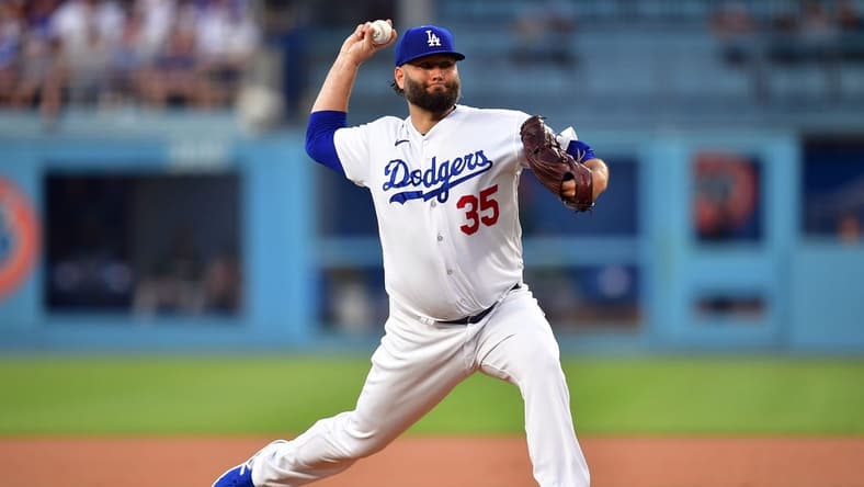 August 1, 2023; Los Angeles, California, USA; Los Angeles Dodgers starting pitcher Lance Lynn (35) throws against the Oakland Athletics during the second inning at Dodger Stadium. Mandatory Credit: Gary A. Vasquez-USA TODAY Sports