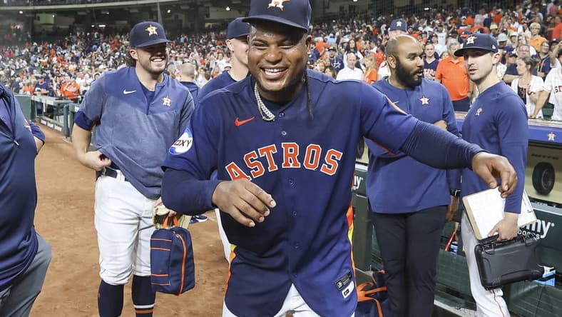 Aug 1, 2023; Houston, Texas, USA; Houston Astros starting pitcher Framber Valdez (59) celebrates after pitching a no-hitter against the Cleveland Guardians at Minute Maid Park. Mandatory Credit: Troy Taormina-USA TODAY Sports