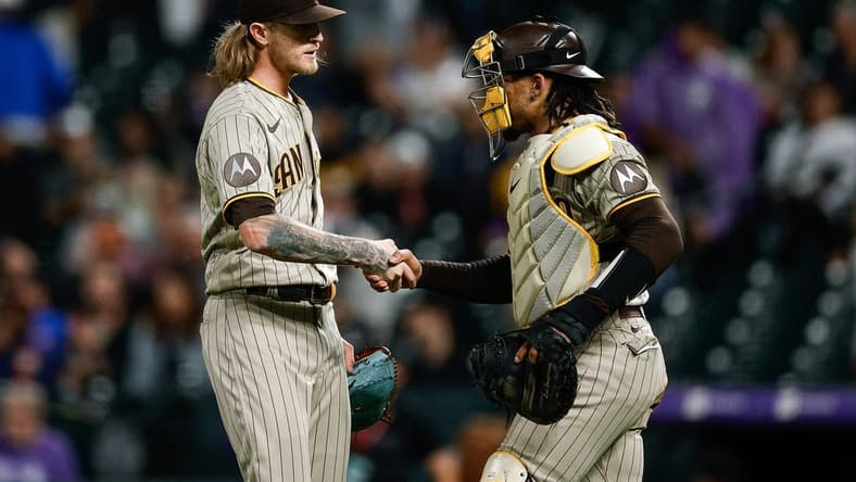 Aug 1, 2023; Denver, Colorado, USA; San Diego Padres relief pitcher Josh Hader (71) celebrates with catcher Luis Campusano (12) after the game against the Colorado Rockies at Coors Field. Mandatory Credit: Isaiah J. Downing-USA TODAY Sports