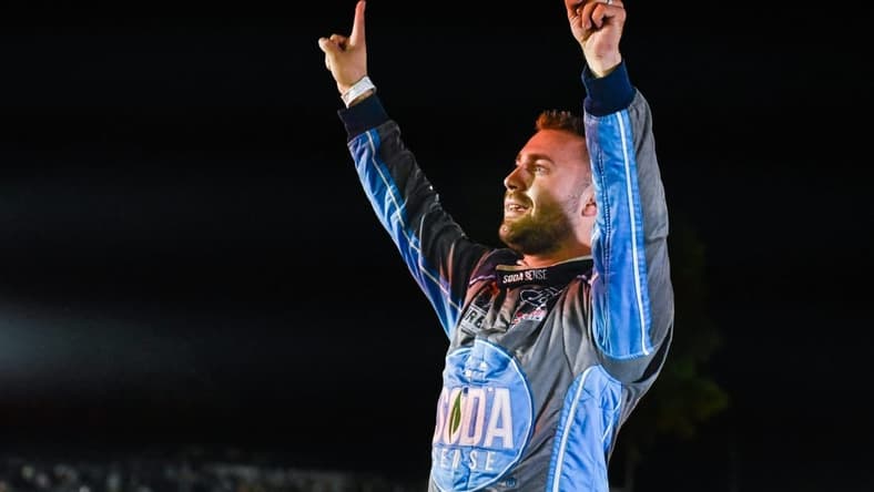Ty Majeski (91) celebrates his victory in the Gandrud Auto Group 250 on Tuesday, August 1, 2023, at Wisconsin International Raceway in Kaukauna, Wisconsin.