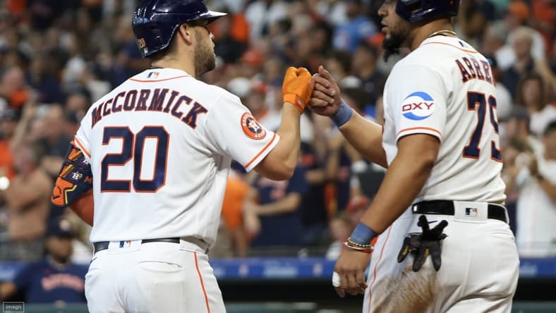 Aug 2, 2023; Houston, Texas, USA; Houston Astros first baseman Jose Abreu (79) celebrates after a two-run home run by center fielder Chas McCormick (20) in the second inning at Minute Maid Park. Mandatory Credit: Thomas Shea-USA TODAY Sports