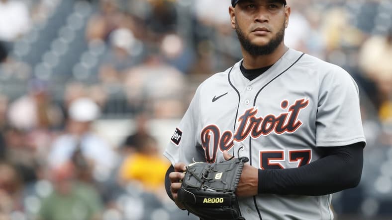 Aug 2, 2023; Pittsburgh, Pennsylvania, USA;  Detroit Tigers starting pitcher Eduardo Rodriguez (57) exits the field after pitching six innings against the Pittsburgh Pirates at PNC Park. Detroit won 6-3. Mandatory Credit: Charles LeClaire-USA TODAY Sports