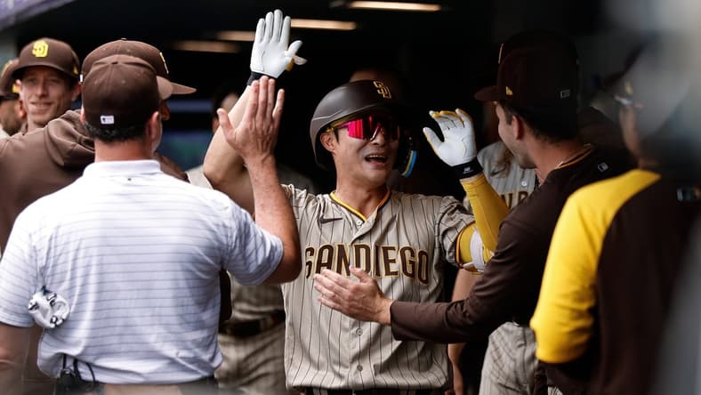 Aug 2, 2023; Denver, Colorado, USA; San Diego Padres third baseman Ha-Seong Kim (7) celebrates his solo home run in the first inning against the Colorado Rockies at Coors Field. Mandatory Credit: Isaiah J. Downing-USA TODAY Sports