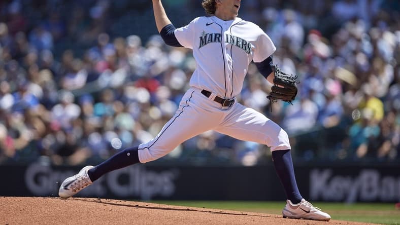 Aug 2, 2023; Seattle, Washington, USA; Seattle Mariners starting pitcher Logan Gilbert  works during the first inning at T-Mobile Park. Mandatory Credit: John Froschauer-USA TODAY Sports