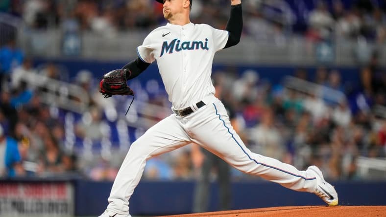 Aug 2, 2023; Miami, Florida, USA; Miami Marlins starting pitcher Braxton Garrett (29) throws a pitch against the Philadelphia Phillies during the first inning at loanDepot Park. Mandatory Credit: Rich Storry-USA TODAY Sports