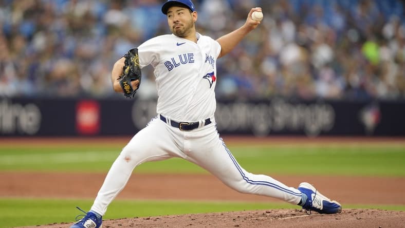 Aug 2, 2023; Toronto, Ontario, CAN; Toronto Blue Jays starting pitcher Yusei Kikuchi (16) pitches to the Baltimore Orioles during the second  inning at Rogers Centre. Mandatory Credit: John E. Sokolowski-USA TODAY Sports