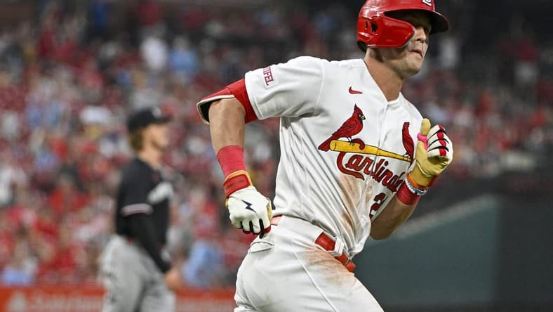 Aug 2, 2023; St. Louis, Missouri, USA;  St. Louis Cardinals center fielder Lars Nootbaar (21) runs down the line after hitting a two run home run off of Minnesota Twins starting pitcher Joe Ryan (41) during the second inning at Busch Stadium. Mandatory Credit: Jeff Curry-USA TODAY Sports