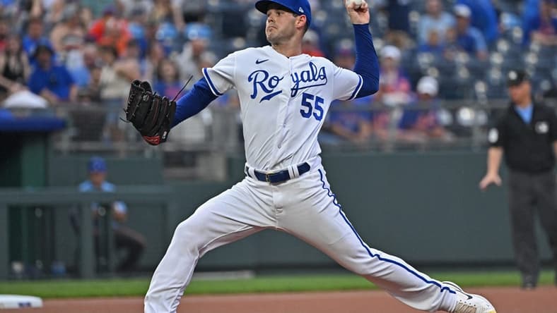 Aug 2, 2023; Kansas City, Missouri, USA;  Kansas City Royals starting pitcher Cole Ragans (55) delivers a pitch during the first inning the New York Mets against at Kauffman Stadium. Mandatory Credit: Peter Aiken-USA TODAY Sports