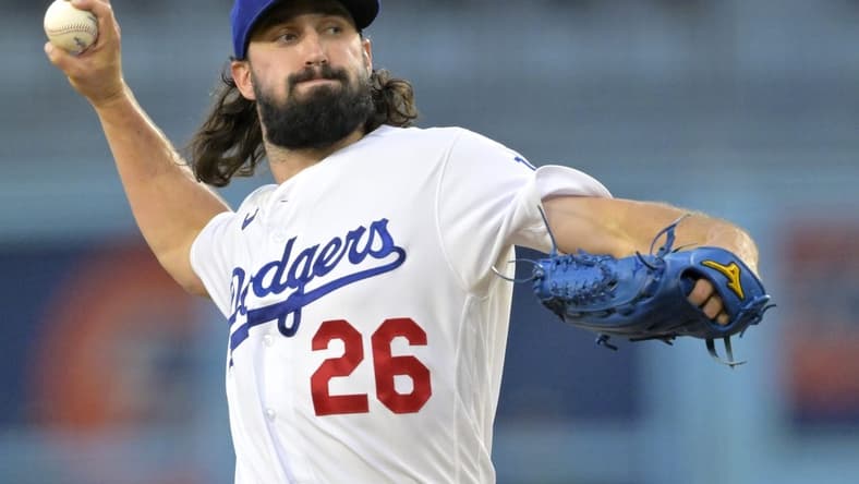 Aug 2, 2023; Los Angeles, California, USA;  Los Angeles Dodgers starting pitcher Tony Gonsolin (26) throws to the plate in the second inning against the Oakland Athletics at Dodger Stadium. Mandatory Credit: Jayne Kamin-Oncea-USA TODAY Sports