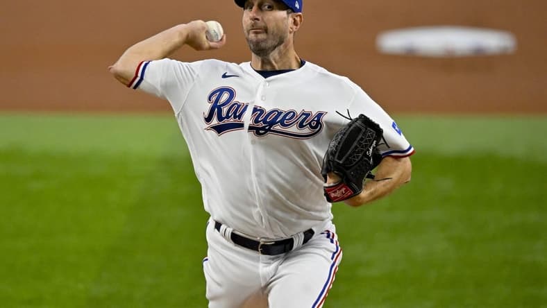 Aug 3, 2023; Arlington, Texas, USA; Texas Rangers starting pitcher Max Scherzer (31) pitches against the Chicago White Sox during the first inning at Globe Life Field. Mandatory Credit: Jerome Miron-USA TODAY Sports