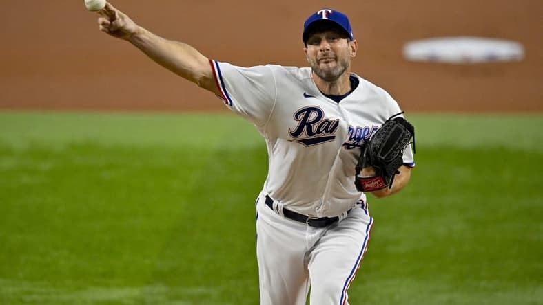 Aug 3, 2023; Arlington, Texas, USA; Texas Rangers starting pitcher Max Scherzer (31) pitches against the Chicago White Sox during the first inning at Globe Life Field. Mandatory Credit: Jerome Miron-USA TODAY Sports
