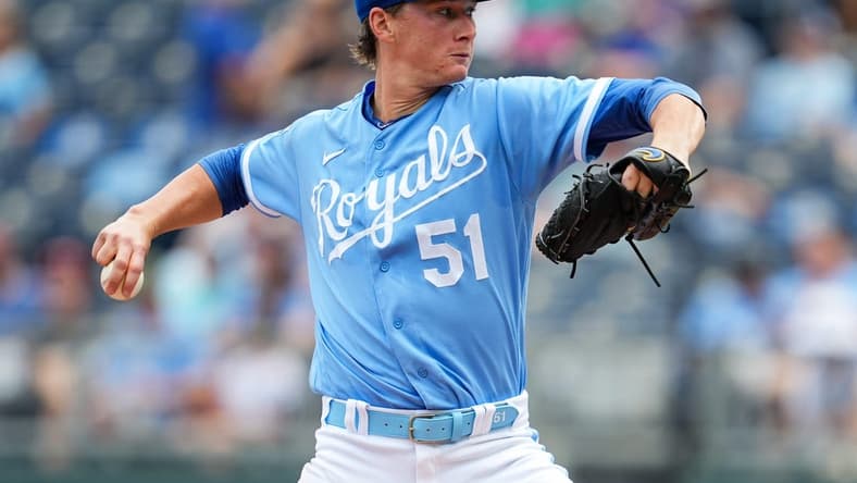 Aug 3, 2023; Kansas City, Missouri, USA; Kansas City Royals starting pitcher Brady Singer (51) pitches against the New York Mets during the sixth inning at Kauffman Stadium. Mandatory Credit: Jay Biggerstaff-USA TODAY Sports