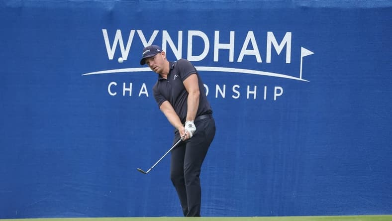 Aug 3, 2023; Greensboro, North Carolina, USA; Matt Wallace plays on the fifteenth green during the first round of the Wyndham Championship golf tournament. Mandatory Credit: David Yeazell-USA TODAY Sports