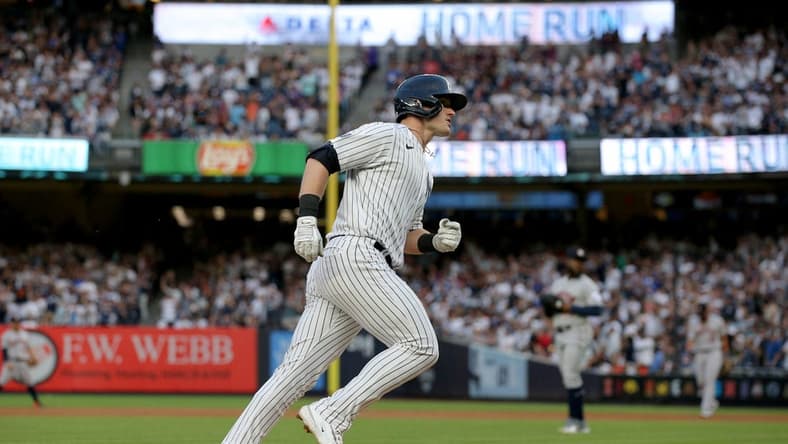 Aug 3, 2023; Bronx, New York, USA; New York Yankees left fielder Billy McKinney (57) rounds the bases after hitting a solo home run against the Houston Astros during the first inning at Yankee Stadium. Mandatory Credit: Brad Penner-USA TODAY Sports