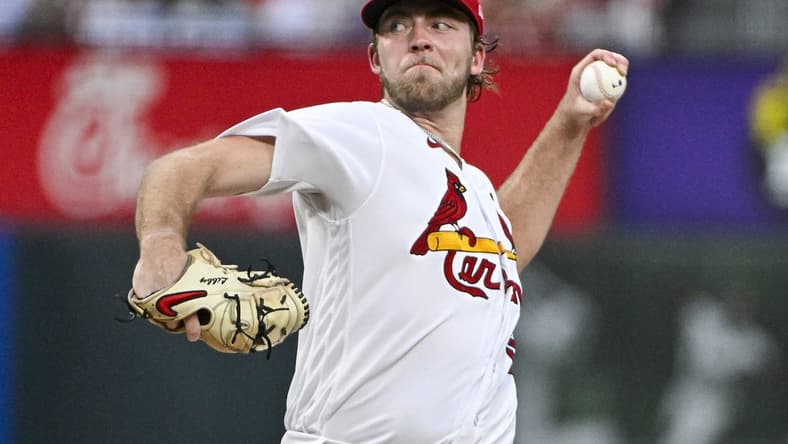 Aug 3, 2023; St. Louis, Missouri, USA;  St. Louis Cardinals starting pitcher Matthew Liberatore (52) pitches against the Minnesota Twins during the third inning at Busch Stadium. Mandatory Credit: Jeff Curry-USA TODAY Sports