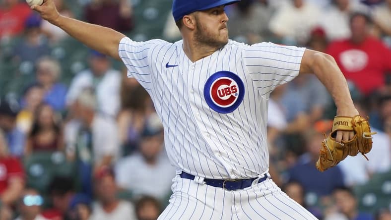 Aug 3, 2023; Chicago, Illinois, USA; Chicago Cubs starting pitcher Jameson Taillon (50) throws against the Cincinnati Reds during the first inning at Wrigley Field. Mandatory Credit: David Banks-USA TODAY Sports
