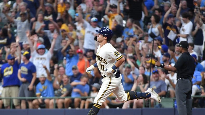 Aug 3, 2023; Milwaukee, Wisconsin, USA; Milwaukee Brewers outfielder Sal Frelick (10) rounds the bases after hitting a home run against the Pittsburgh Pirates in the sixth inning at American Family Field. Mandatory Credit: Michael McLoone-USA TODAY Sports