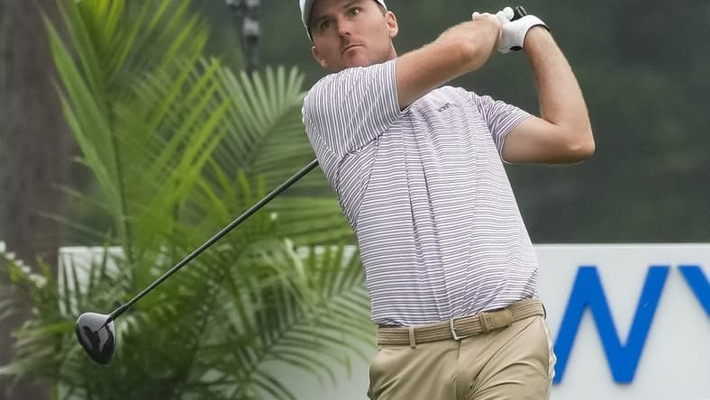 Aug 4, 2023; Greensboro, North Carolina, USA; Russell Henley plays from the 9th tee during the second round of the Wyndham Championship golf tournament. Mandatory Credit: David Yeazell-USA TODAY Sports