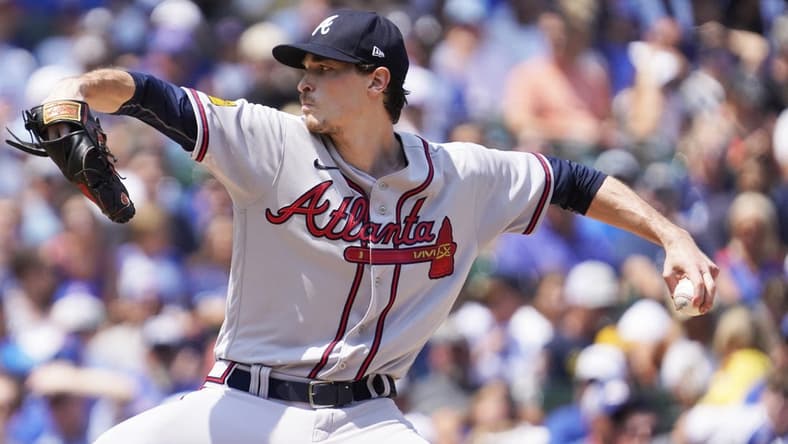 Aug 4, 2023; Chicago, Illinois, USA; Atlanta Braves starting pitcher Max Fried (54) throws the ball against the Chicago Cubs during the first inning at Wrigley Field. Mandatory Credit: David Banks-USA TODAY Sports