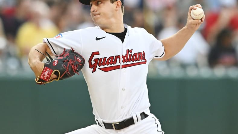 Aug 4, 2023; Cleveland, Ohio, USA; Cleveland Guardians starting pitcher Logan Allen (41) throws a pitch during the first inning against the Chicago White Sox at Progressive Field. Mandatory Credit: Ken Blaze-USA TODAY Sports