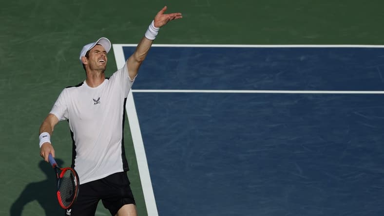Aug 4, 2023; Washington, D.C., USA; Andy Murray (GBR) serves against Taylor Fritz (USA) (not pictured) on day seven of the Mubadala Citi DC Open at Fitzgerald Tennis Stadium. Mandatory Credit: Geoff Burke-USA TODAY Sports