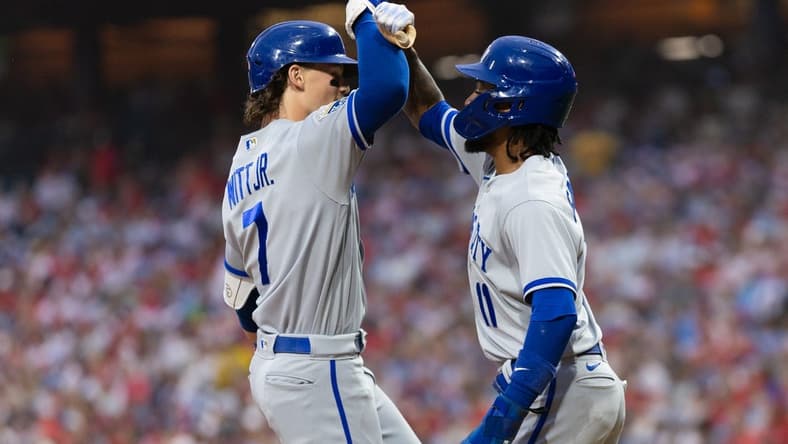 Aug 4, 2023; Philadelphia, Pennsylvania, USA; Kansas City Royals shortstop Bobby Witt Jr. (7) celebrates his two RBI home run with third baseman Maikel Garcia (11) during the third inning against the Philadelphia Phillies at Citizens Bank Park. Mandatory Credit: Bill Streicher-USA TODAY Sports