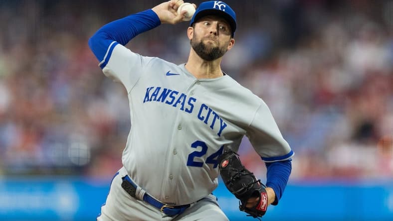 Aug 4, 2023; Philadelphia, Pennsylvania, USA; Kansas City Royals starting pitcher Jordan Lyles (24) throws a pitch during the third inning against the Philadelphia Phillies at Citizens Bank Park. Mandatory Credit: Bill Streicher-USA TODAY Sports