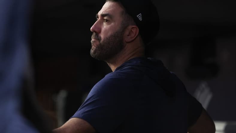 Aug 4, 2023; Bronx, New York, USA; Houston Astros starting pitcher Justin Verlander (35) looks on from the dugout during the third inning against the New York Yankee at Yankee Stadium. Mandatory Credit: Vincent Carchietta-USA TODAY Sports