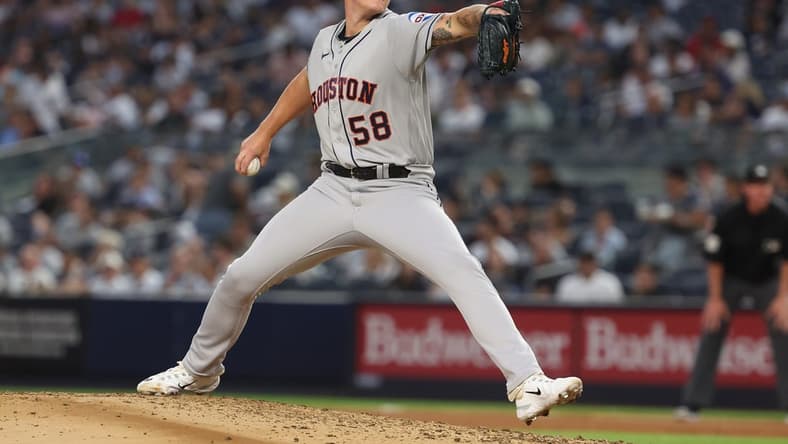Aug 4, 2023; Bronx, New York, USA; Houston Astros starting pitcher Hunter Brown (58) delivers a pitch during the third inning against the New York Yankees at Yankee Stadium. Mandatory Credit: Vincent Carchietta-USA TODAY Sports