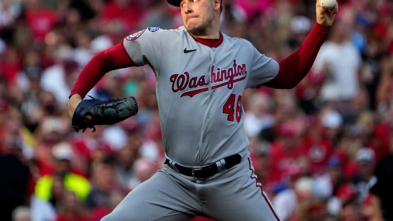 Aug 4, 2023; Cincinnati, Ohio, USA; Washington Nationals starting pitcher Patrick Corbin (46) throws against the Cincinnati Reds during the third inning at Great American Ball Park. Mandatory Credit: Kareem Elgazzar-The Cincinnati Enquirer-USA TODAY Sports