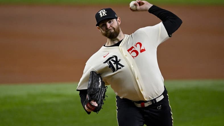 Aug 4, 2023; Arlington, Texas, USA; Texas Rangers starting pitcher Jordan Montgomery (52) pitches against the Miami Marlins during the first inning at Globe Life Field. Mandatory Credit: Jerome Miron-USA TODAY Sports