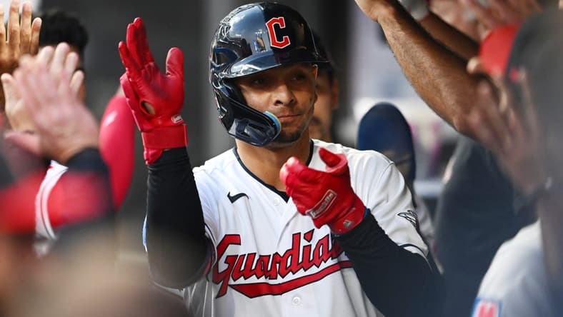 Aug 4, 2023; Cleveland, Ohio, USA; Cleveland Guardians second baseman Andres Gimenez celebrates after hitting a two run home run during the fifth inning against the Chicago White Sox at Progressive Field. Mandatory Credit: Ken Blaze-USA TODAY Sports