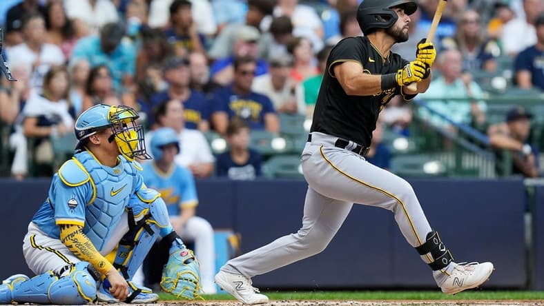 Pittsburgh Pirates first baseman Alfonso Rivas (6) homers on a fly ball to left center field during the first inning of the game against the Milwaukee Brewers on Friday August 4, 2023 at American Family Field in Milwaukee, Wis.