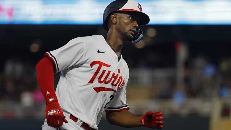 Aug 4, 2023; Minneapolis, Minnesota, USA; Minnesota Twins center fielder Michael A. Taylor (2) runs the bases on his solo home run against the Arizona Diamondbacks in the seventh inning at Target Field. Mandatory Credit: Bruce Kluckhohn-USA TODAY Sports