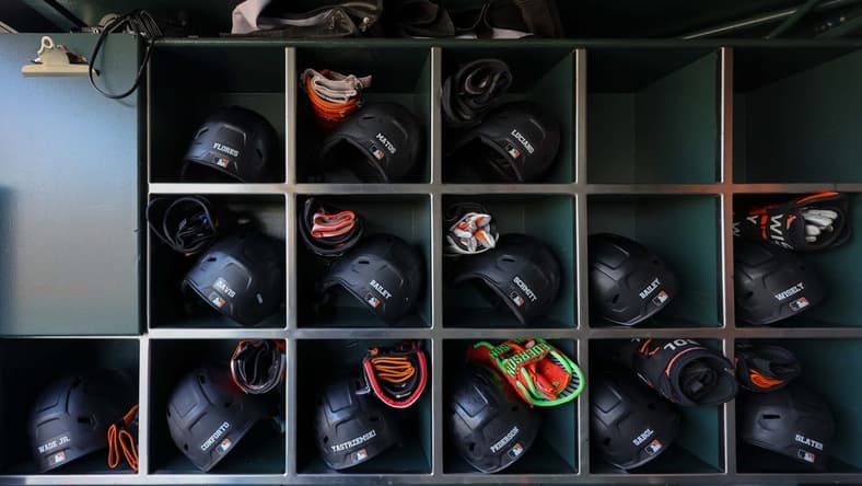 Jul 26, 2023; San Francisco, California, USA;A general view of the San Francisco Giants batting helmets before the game against the Oakland Athletics at Oracle Park. Mandatory Credit: Sergio Estrada-USA TODAY Sports
