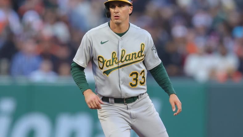 Jul 26, 2023; San Francisco, California, USA; Oakland Athletics left fielder JJ Bleday (33) during the game against the San Francisco Giants at Oracle Park. Mandatory Credit: Sergio Estrada-USA TODAY Sports