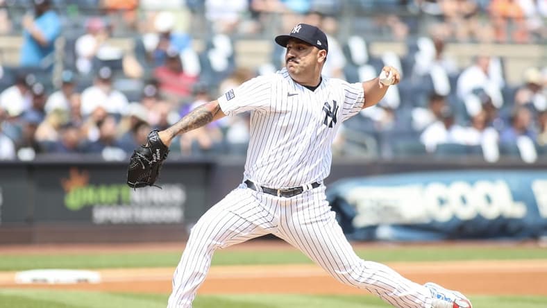 Aug 5, 2023; Bronx, New York, USA; New York Yankees starting pitcher Nestor Cortes (65) pitches in the first inning against the Houston Astros at Yankee Stadium. Mandatory Credit: Wendell Cruz-USA TODAY Sports