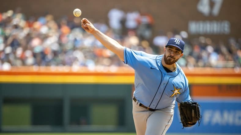 Aug 5, 2023; Detroit, Michigan, USA; Tampa Bay Rays Starting pitcher Aaron Civale (34) delivers in the first inning against the Detroit Tigers at Comerica Park. Mandatory Credit: David Reginek-USA TODAY Sports
