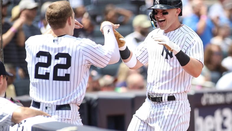 Aug 5, 2023; Bronx, New York, USA; New York Yankees first baseman Jake Bauers (61) is greeted by center fielder Harrison Bader (22) after hitting a solo home run in the fifth inning against the Houston Astros at Yankee Stadium. Mandatory Credit: Wendell Cruz-USA TODAY Sports