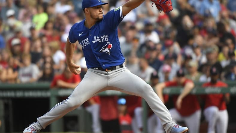 Aug 5, 2023; Boston, Massachusetts, USA;  Toronto Blue Jays starting pitcher Jose Berrios (17) pitches during the first inning against the Boston Red Sox at Fenway Park. Mandatory Credit: Bob DeChiara-USA TODAY Sports