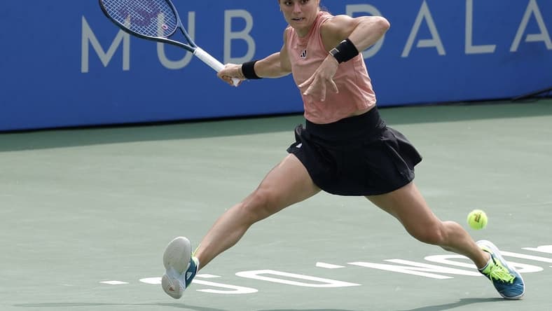 Aug 5, 2023; Washington, D.C., USA; Maria Sakkari (GRE) reaches for a forehand against Jessica Pegula (USA) (not pictured) in a women's singles semifinal on day eight of the Mubadala Citi DC Open at Fitzgerald Tennis Stadium. Mandatory Credit: Geoff Burke-USA TODAY Sports