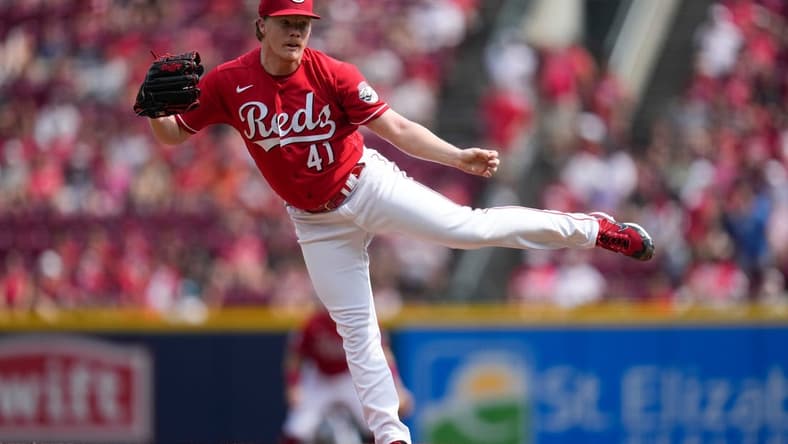 Cincinnati Reds starting pitcher Andrew Abbott (41) follows through on a pitch in the first inning of the MLB National League game between the Cincinnati Reds and the Washington Nationals at Great American Ball Park in downtown Cincinnati on Saturday, Aug. 5, 2023. The Nationals led 5-0 after four innings.