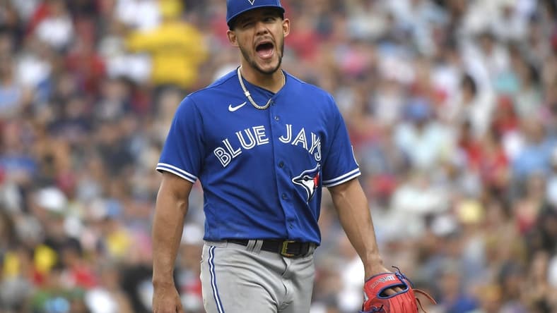 Aug 5, 2023; Boston, Massachusetts, USA; Toronto Blue Jays starting pitcher Jose Berrios (17) reacts after being relieved during the sixth inning against the Boston Red Sox at Fenway Park. Mandatory Credit: Bob DeChiara-USA TODAY Sports