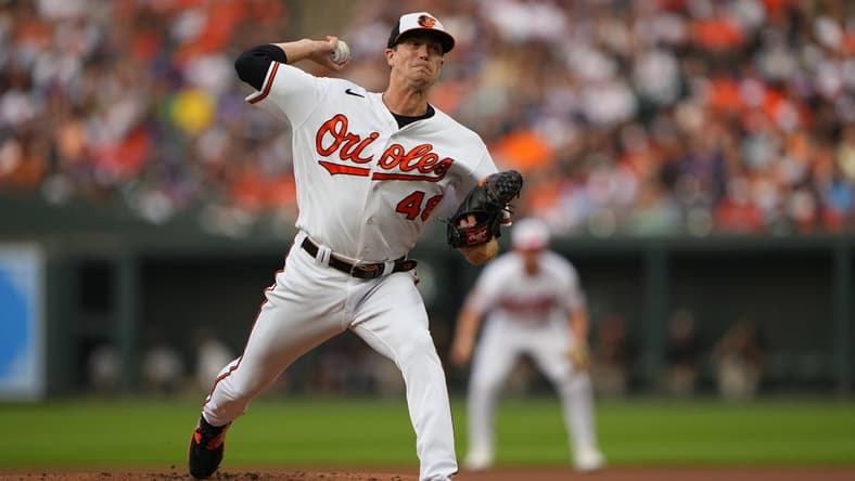 Aug 5, 2023; Baltimore, Maryland, USA; Baltimore Orioles pitcher Kyle Gibson (48) delivers a pitch during the first inning against the New York Mets at Oriole Park at Camden Yards. Mandatory Credit: Gregory Fisher-USA TODAY Sports