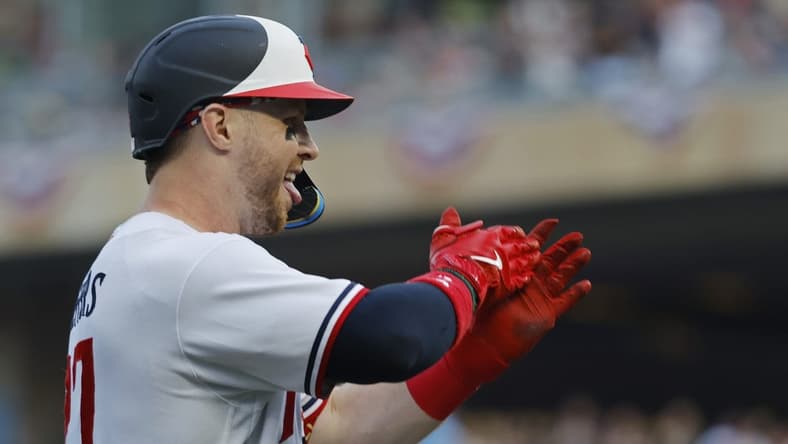 Aug 5, 2023; Minneapolis, Minnesota, USA; Minnesota Twins catcher Ryan Jeffers (27) runs the bases and celebrates his two-run home run against the Arizona Diamondbacks in the second inning at Target Field. Mandatory Credit: Bruce Kluckhohn-USA TODAY Sports